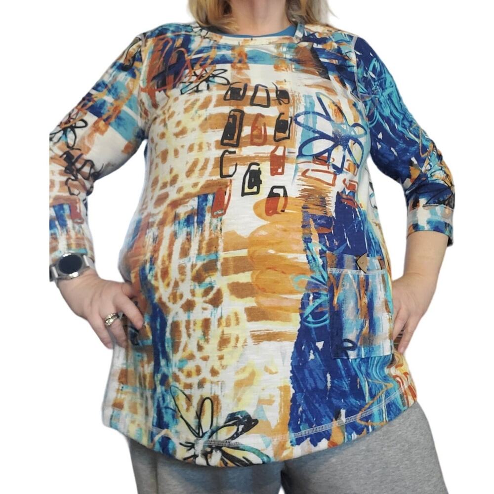 Ali Miles Size L Abstract Blue Yellow Floral Scoop Neck Popover Tunic 3/4 Sleeve
